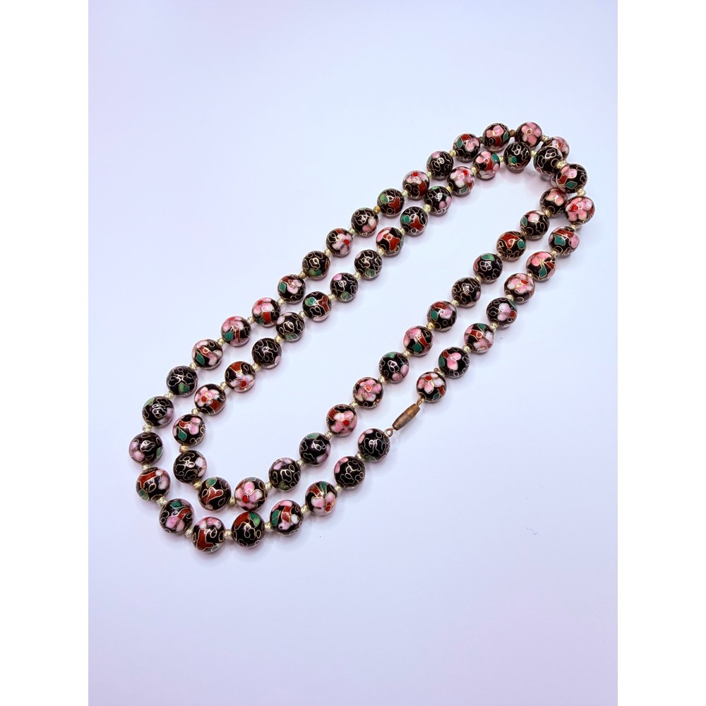 Vintage Black Cloisonné Floral Bead Necklace – Hand Knotted Enamel Beads 30"